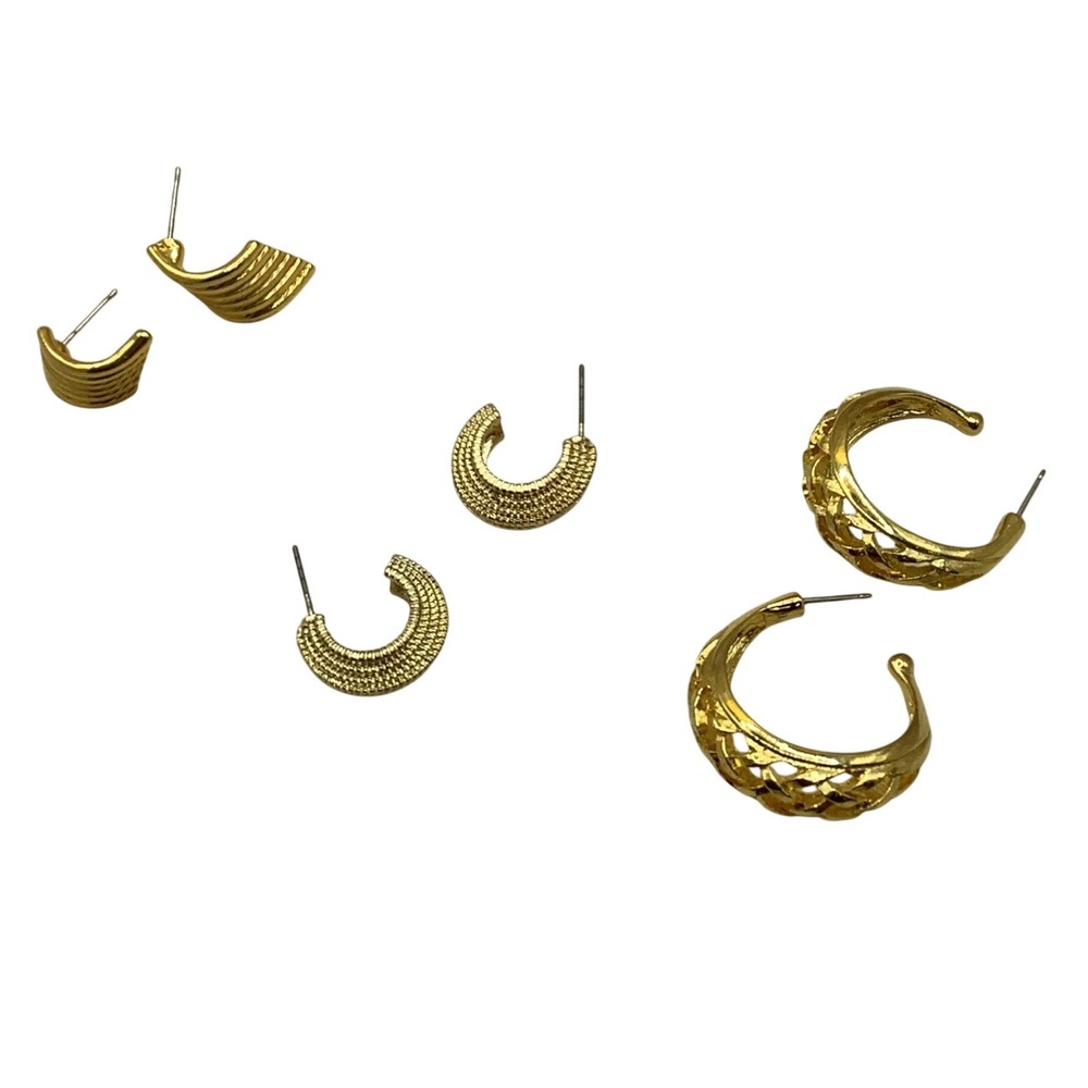 Gold Tone Earring Bundle 3 Pairs Ribbed Textured Lattice Hoop Set Pierced